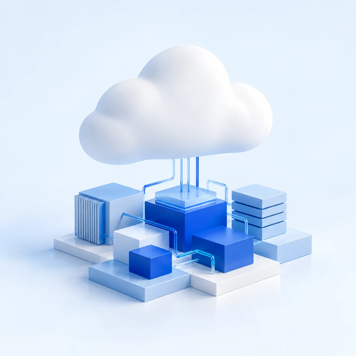 White cloud above connected blue infrastructure blocks